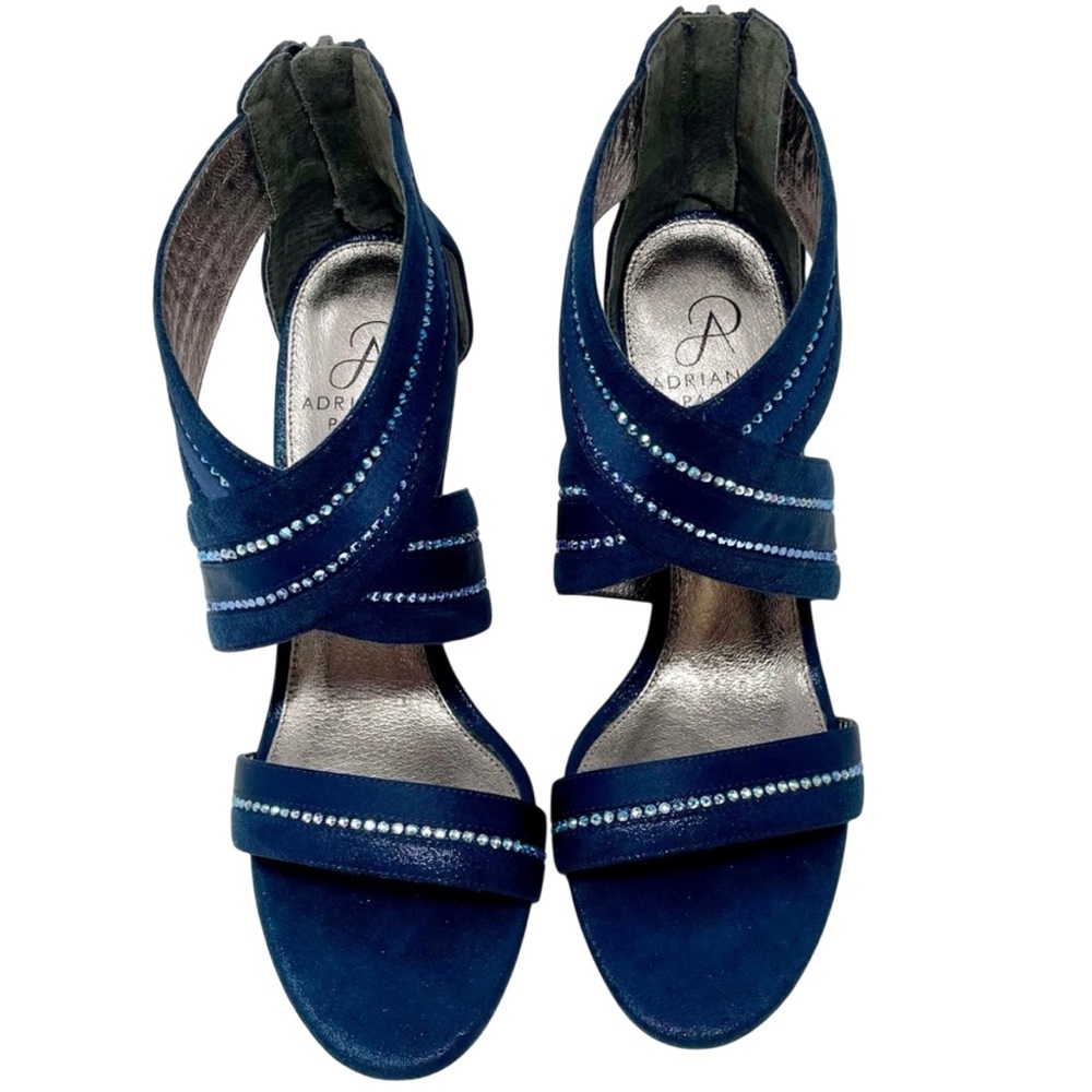 Adrianna Papell Navy Suede Strappy Heels with Rhinestone Accents